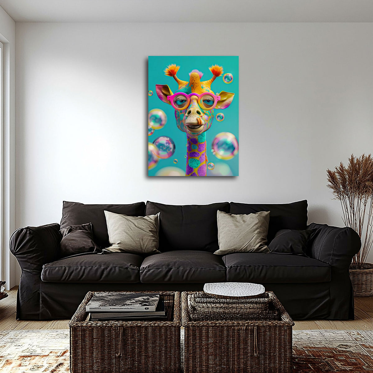 Buntes Giraffen Wandbild über einem Sofa im Wohnraum