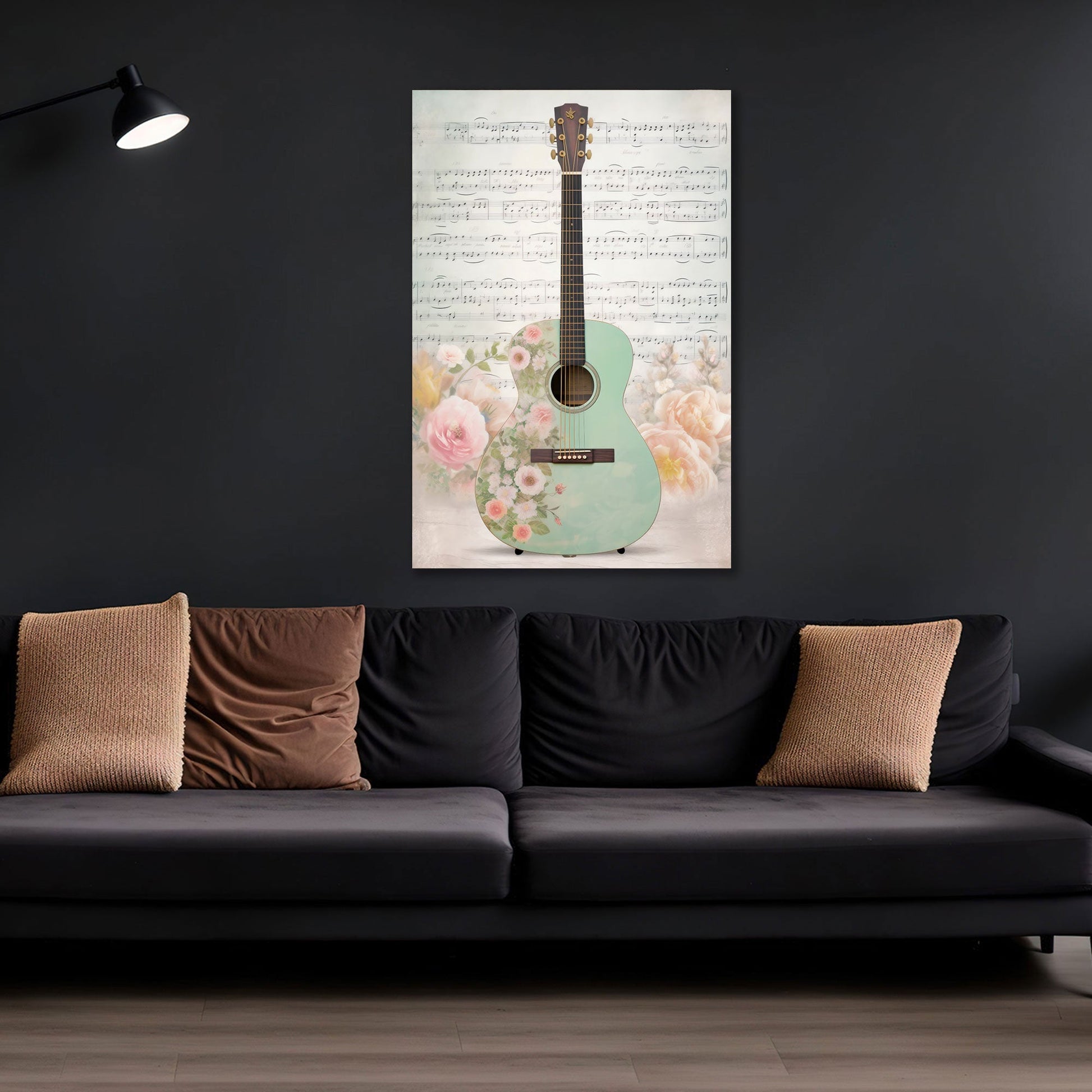 Gitarre in Mintgruen mit Blumen und Notenblatt Wandbild