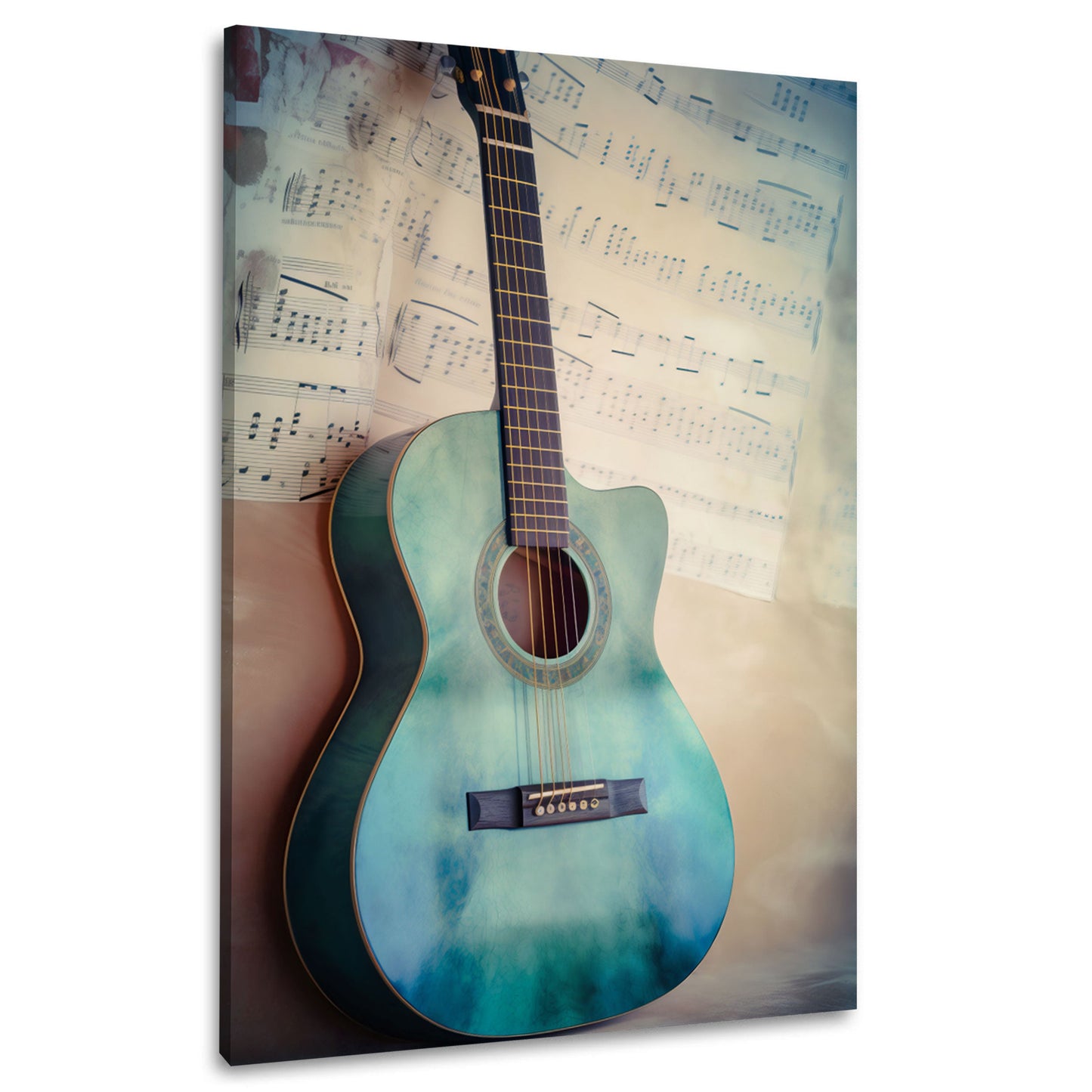 Gitarre in Tuerkis mit Notenblatt Aquarell Stil Wandbild