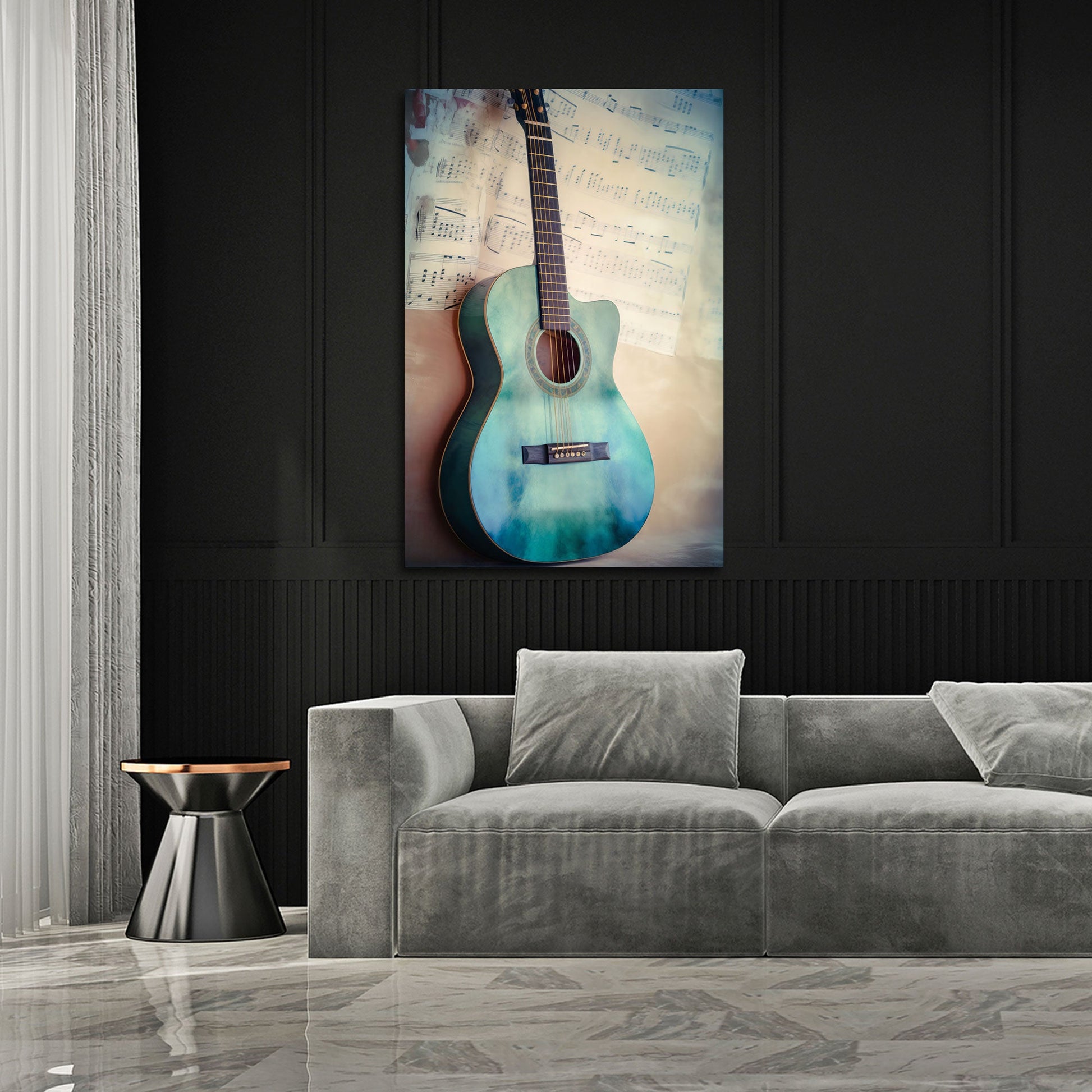 Gitarre in Tuerkis mit Notenblatt Aquarell Stil Wandbild