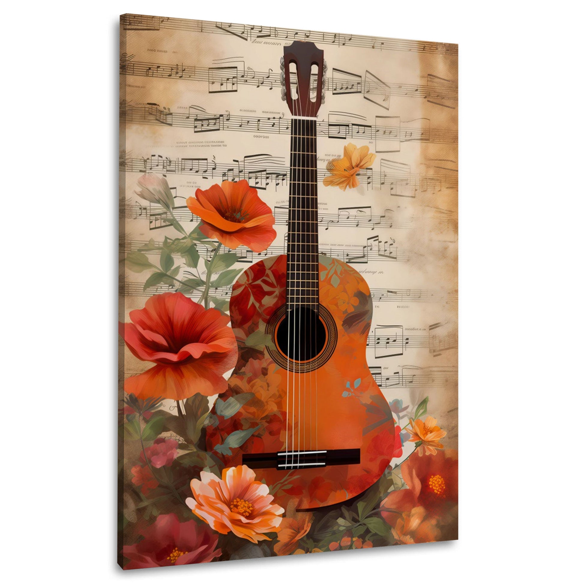 Gitarre mit Blumen und Notenblatt romantisch Wandbild