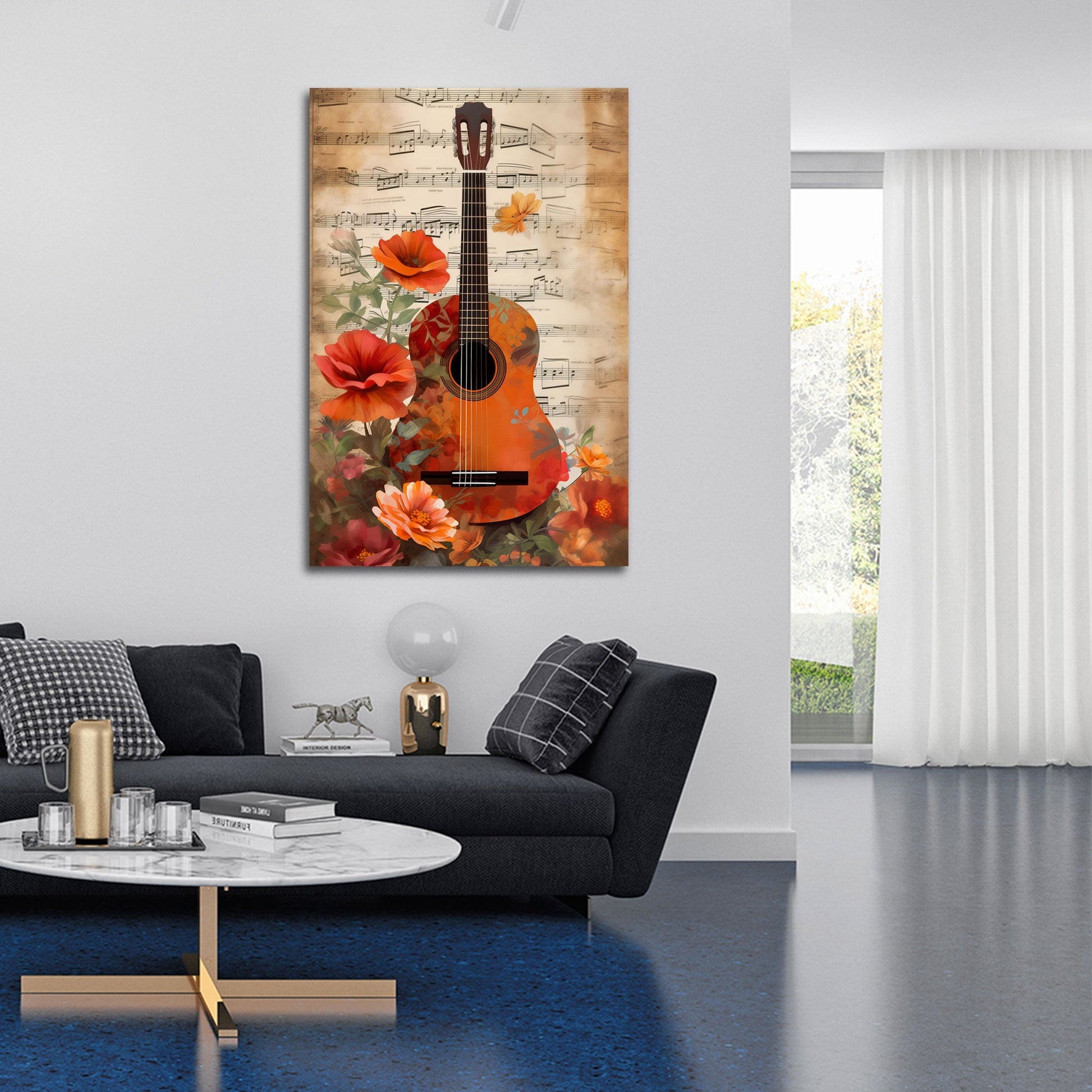 Gitarre mit Blumen und Notenblatt romantisch Wandbild