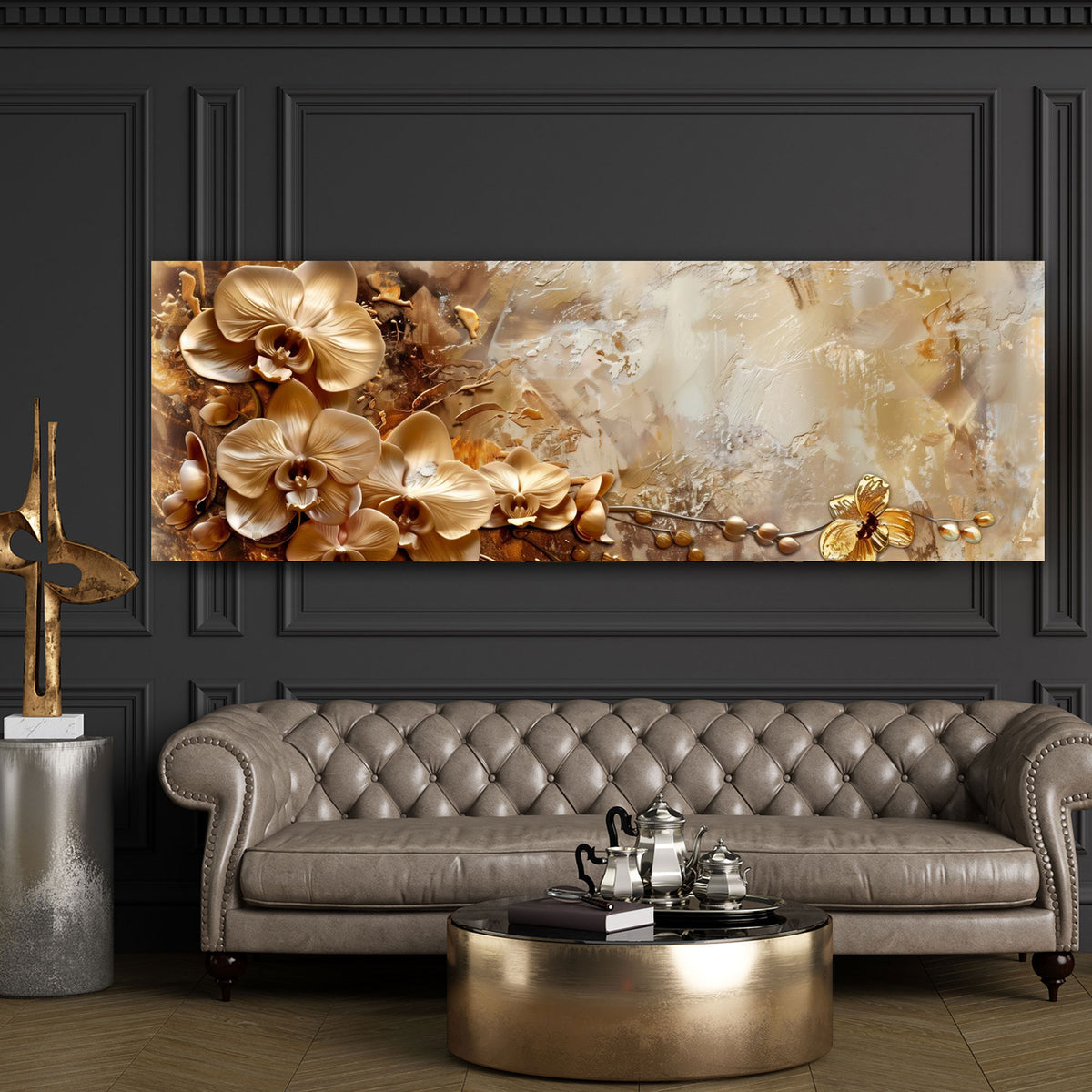 Goldene Blumen abstrakt in warmen Tönen als Wandbild