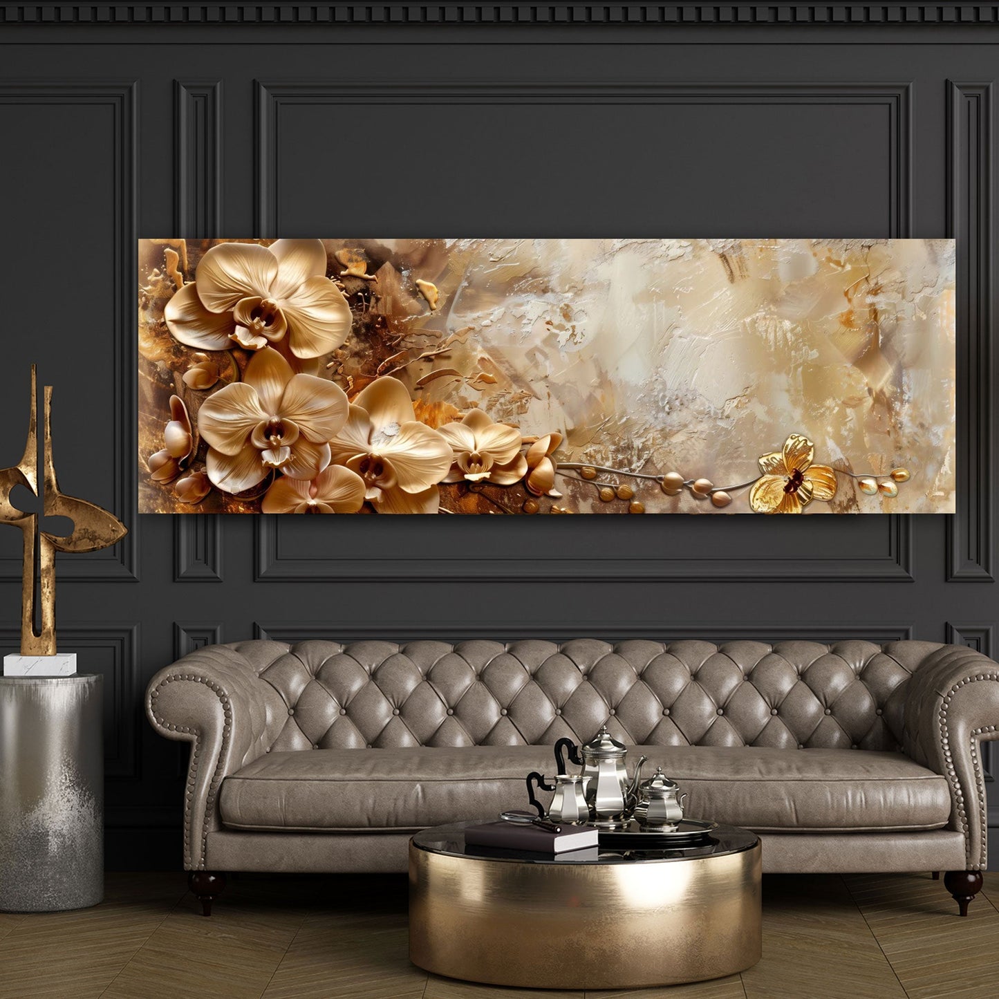 Goldene Blumen abstrakt und warm in Ölmalerei Wandbild