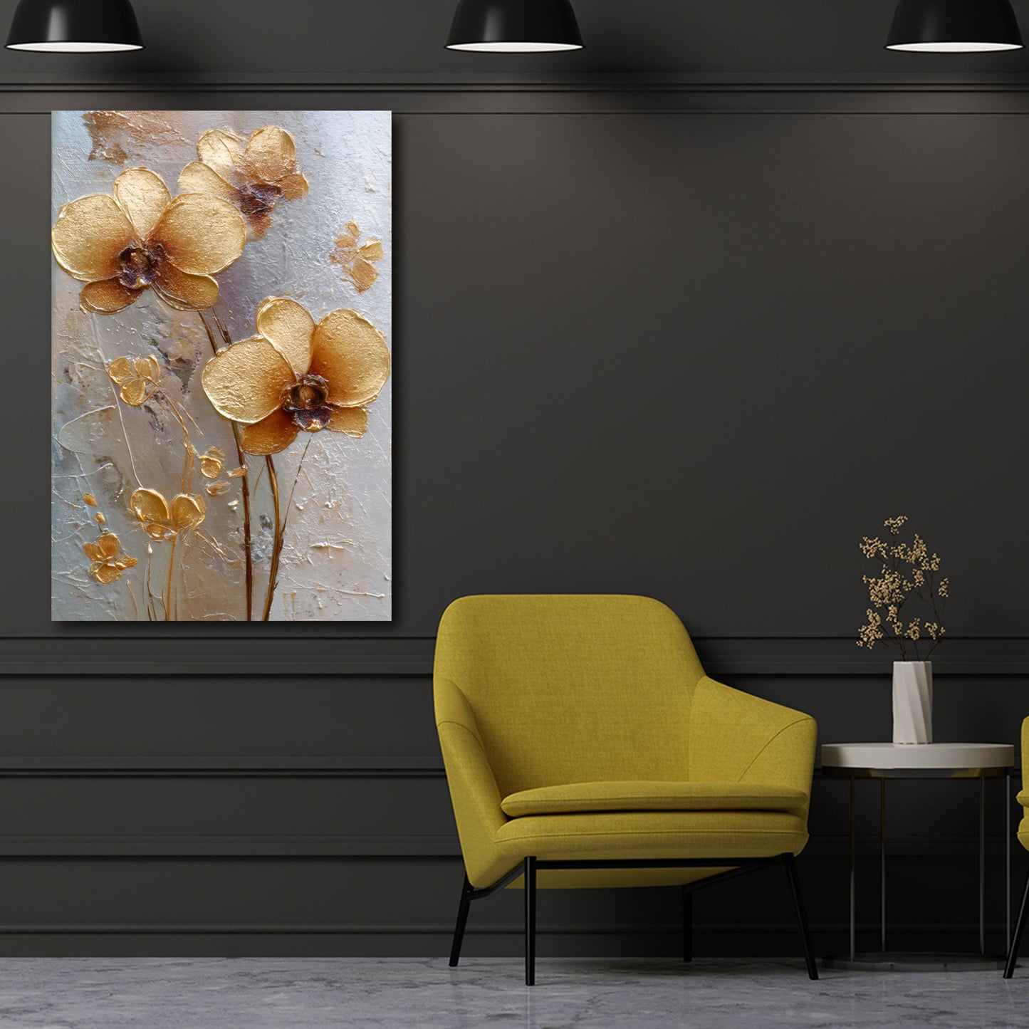 Goldene Blumen als Gemälde in kräftigen Tönen Wandbild