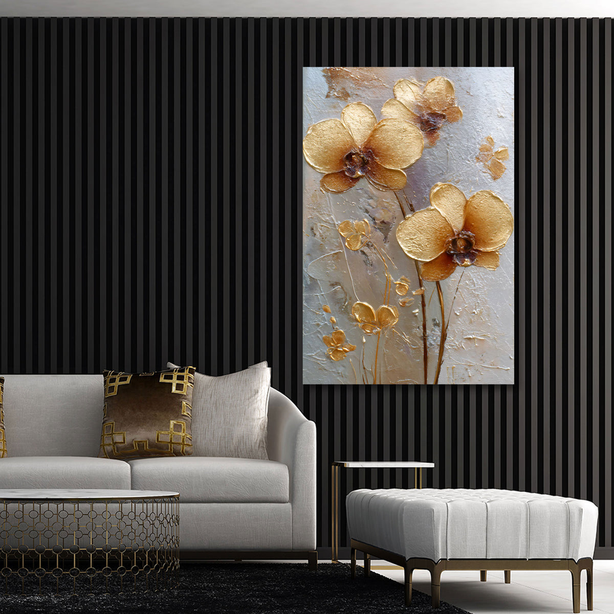 Goldene Blumen in kräftigen Farbtönen als Wandbild