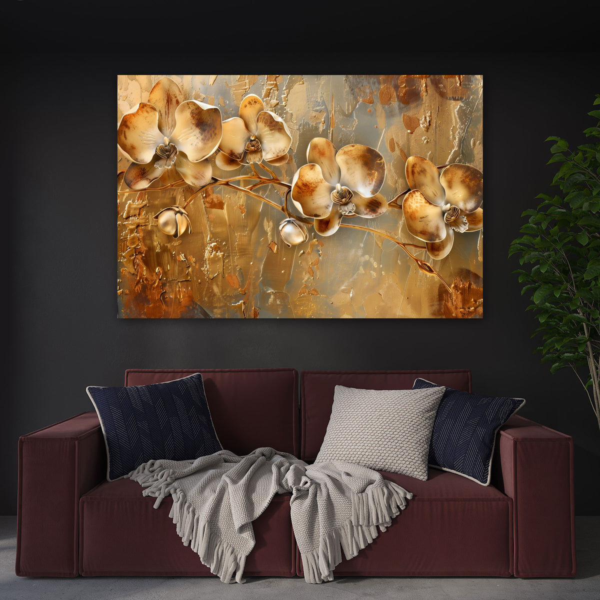 Goldene Blumen warm und elegant als Kunstwerk Wandbild