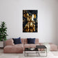 Goldene Comicfigur als Pop Art Wandbild über einem Sofa im Wohnraum