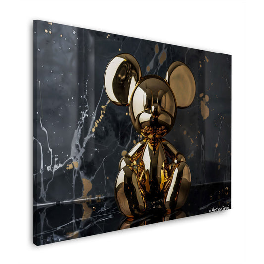 Goldene Comic Maus Skulptur auf schwarzem Marmor Wandbild im Querformat