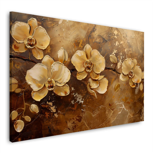 Wandbild mit goldenen Orchideen in Pastelltönen