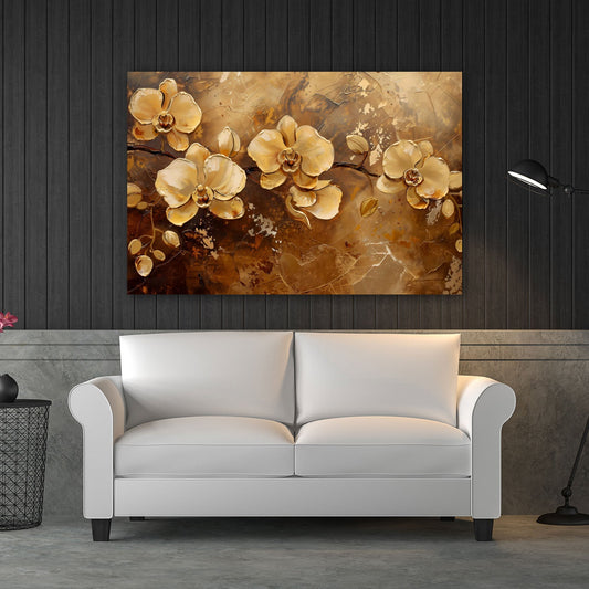 Goldene Orchideen als Acrylglasbild im Schlafzimmer