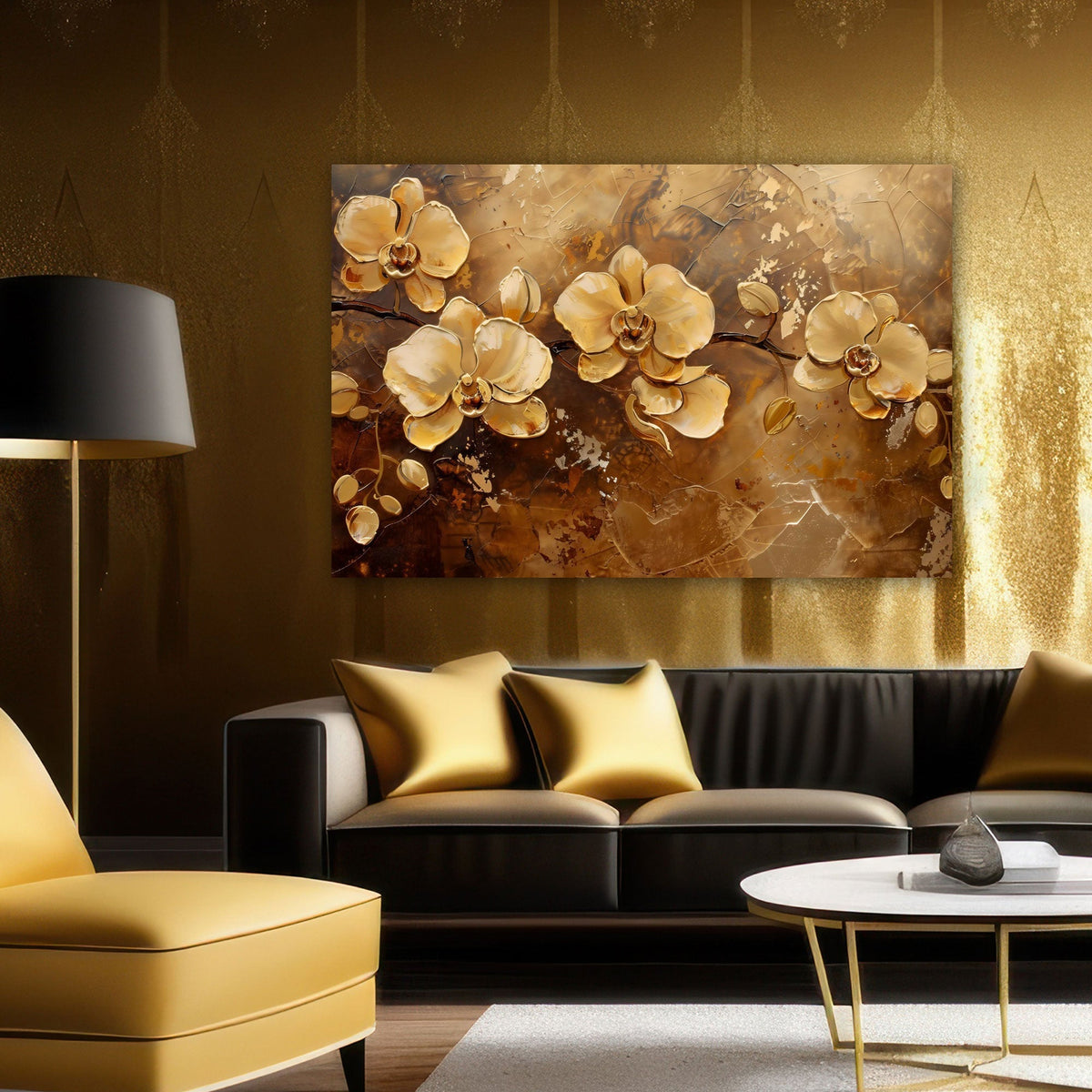 Goldene Orchideen auf Alu-Dibond im Wohnzimmer