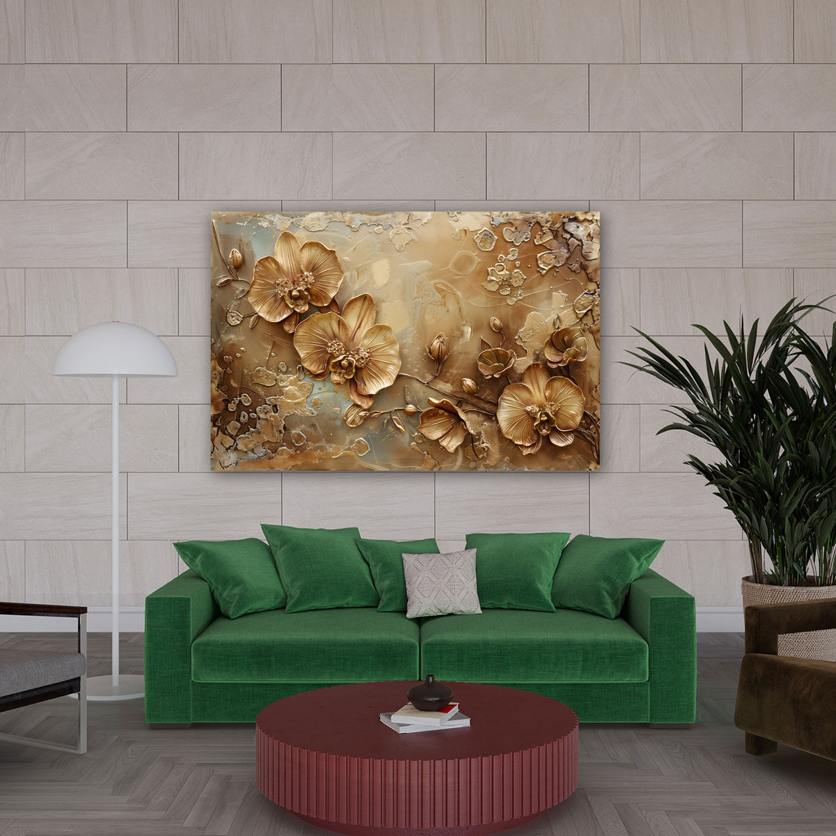 Goldene Orchideen elegant in Pastelltönen Wandbild