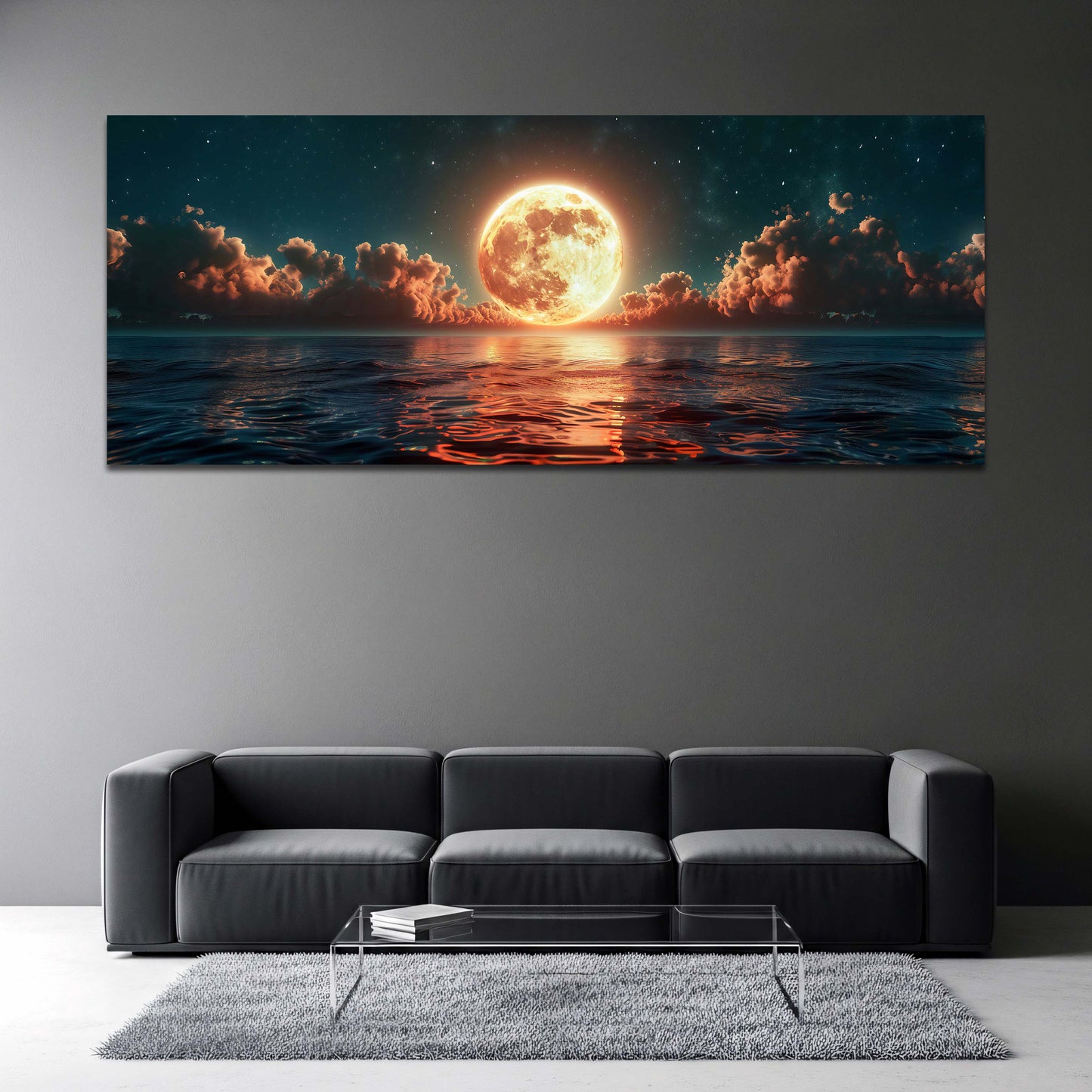 Goldener Vollmond leuchtet ueber dem Meer Panorama Wandbild