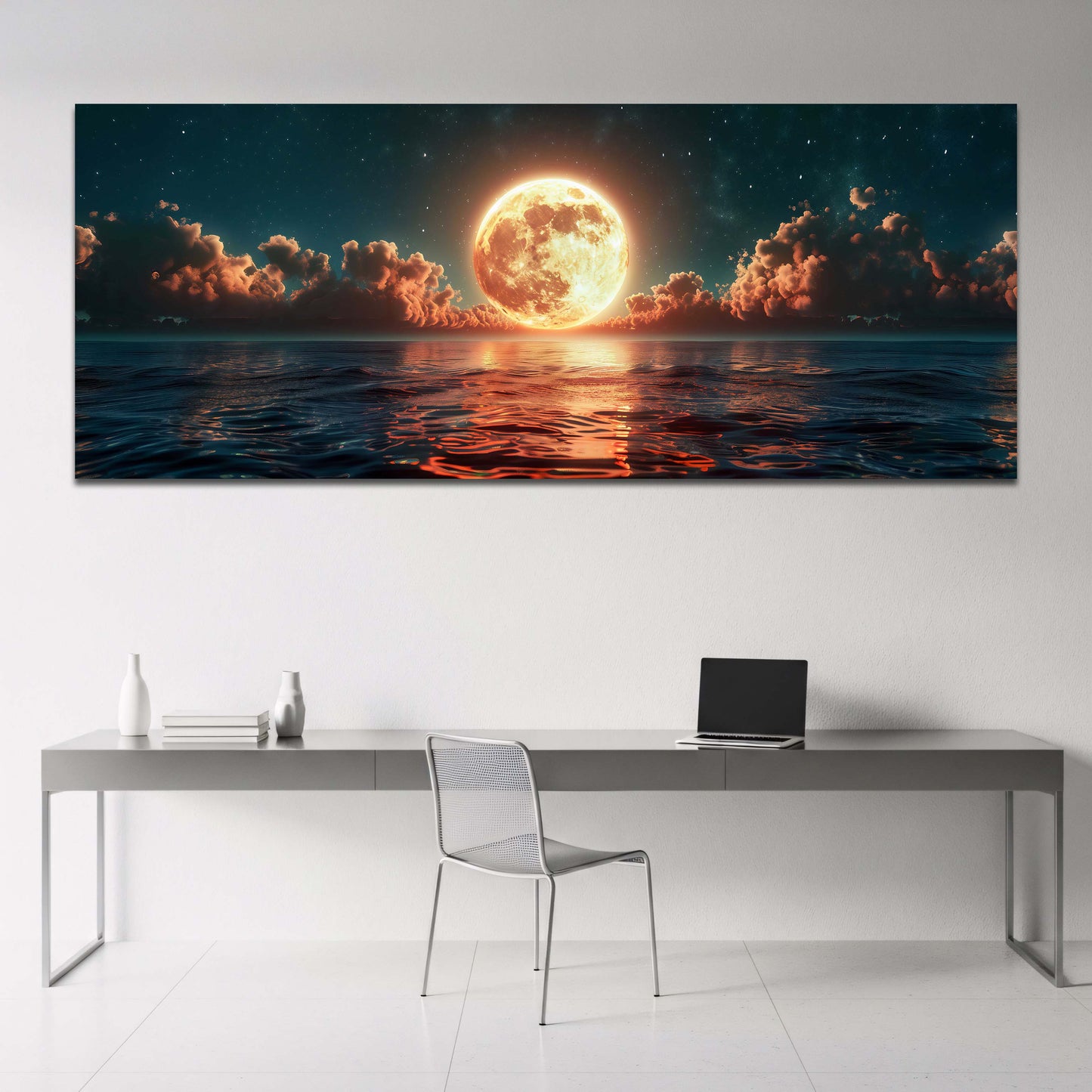 Goldener Vollmond leuchtet ueber dem Meer Panorama Wandbild