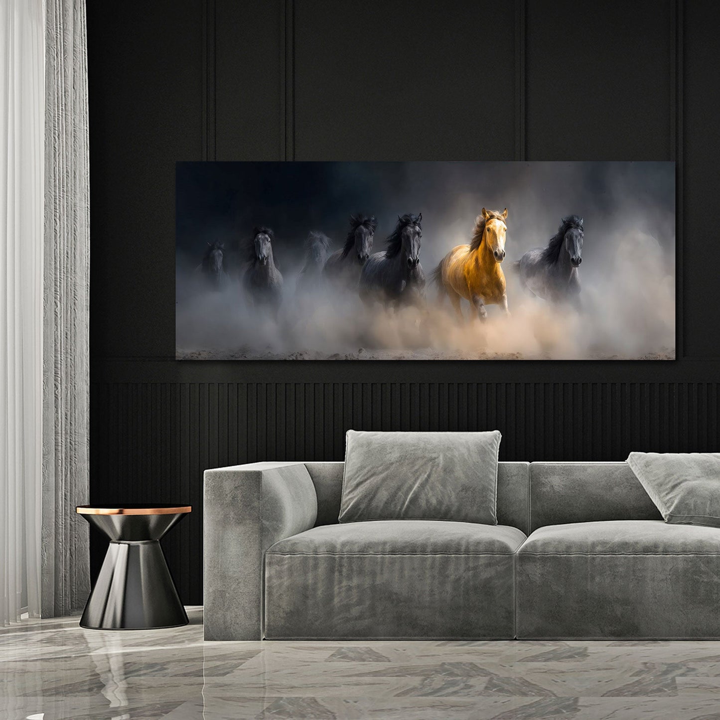 Goldenes Pferd führt die Herde durch den Nebel Wandbild