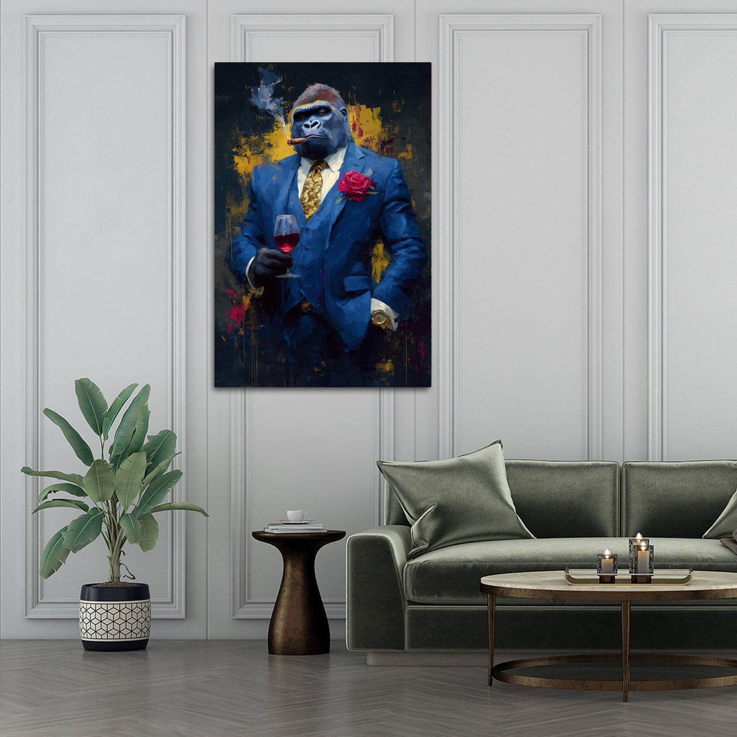 Gorilla im blauen Luxus-Anzug mit Wein und Zigarre Wandbild