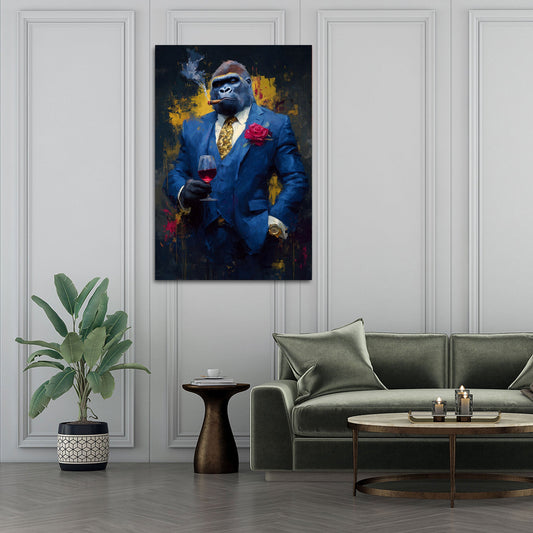 Gorilla im blauen Luxus-Anzug mit Wein und Zigarre Wandbild