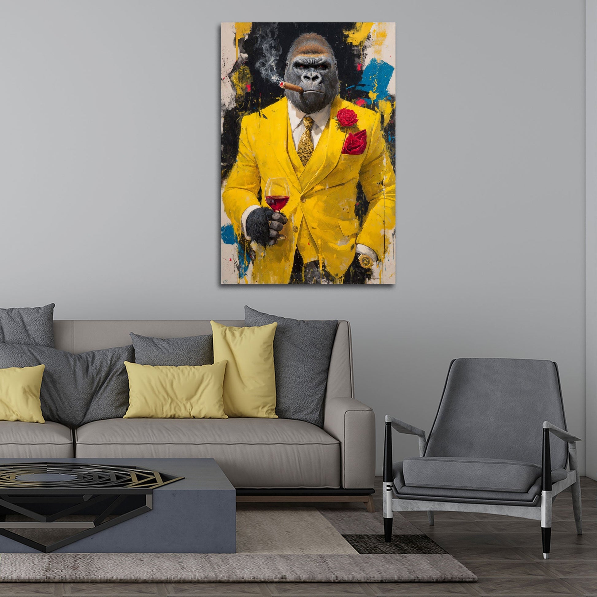 Gorilla im gelben Luxus-Anzug mit Wein und Zigarre Wandbild
