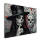 Gothic Lady mit Zylinder vor Totenkopf in Grau und Rot Wandbild