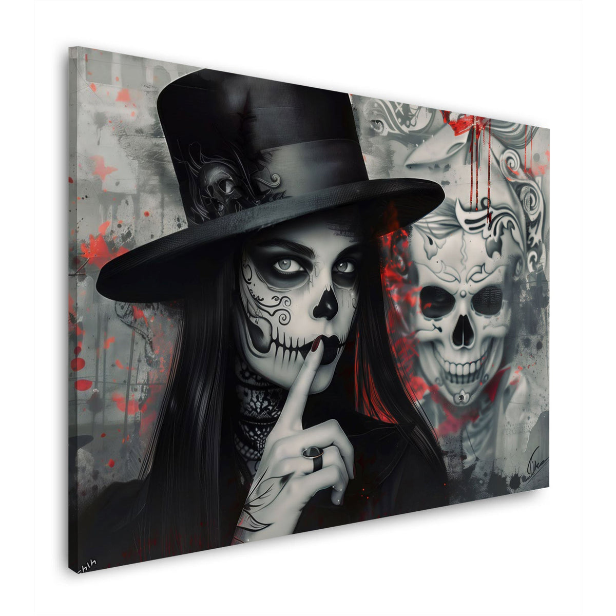 Gothic Lady mit Zylinder vor Totenkopf in Grau und Rot Wandbild