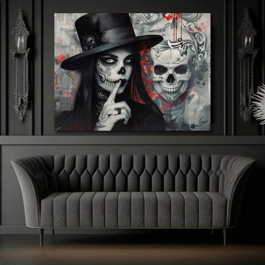 Gothic Lady mit Zylinder vor Totenkopf in Grau und Rot Wandbild