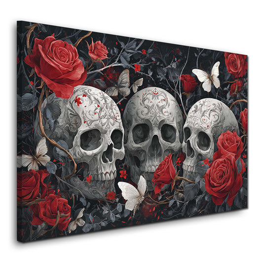 Gothic Totenköpfe mit Rosen und Schmetterlingen Wandbild