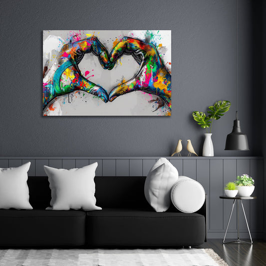 Graffiti Hände formen ein Herz voller Farben Wandbild