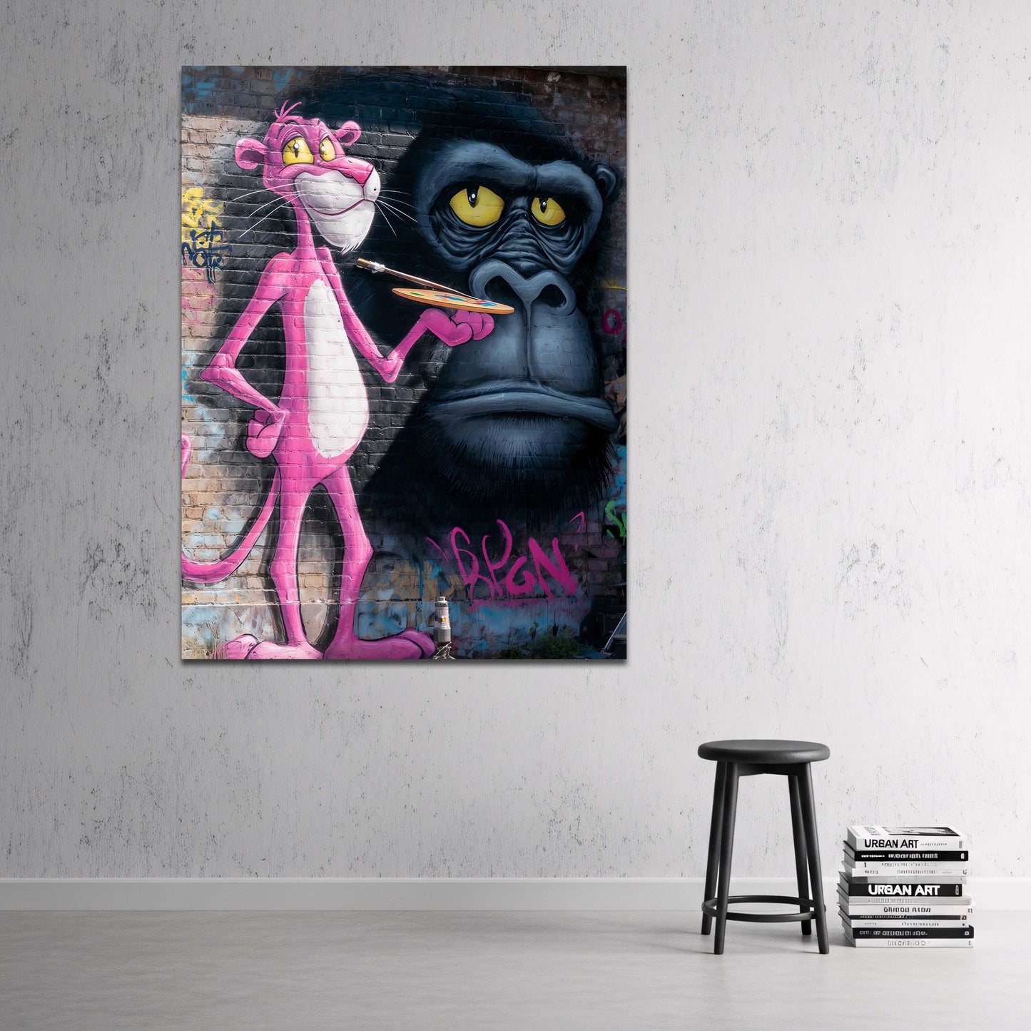 Graffiti Pink Panther als Künstler mit Gorilla Wandbild