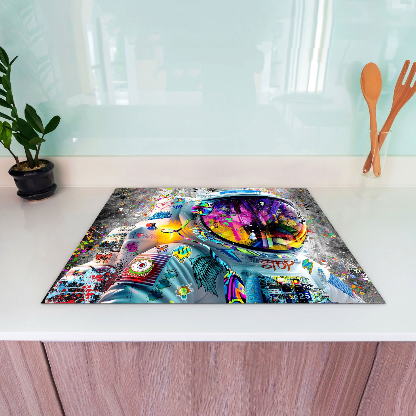 Graffiti Street Art Astronaut Herdabdeckplatte Induktionsschutz für Ceranfeld & Küche Deko