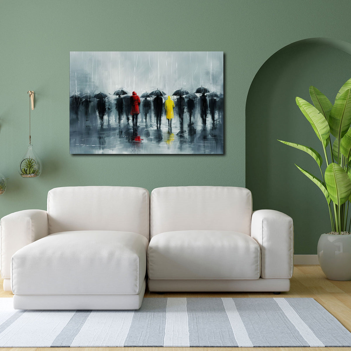 Modernes Regen Wandbild über einem Sofa im Wohnraum