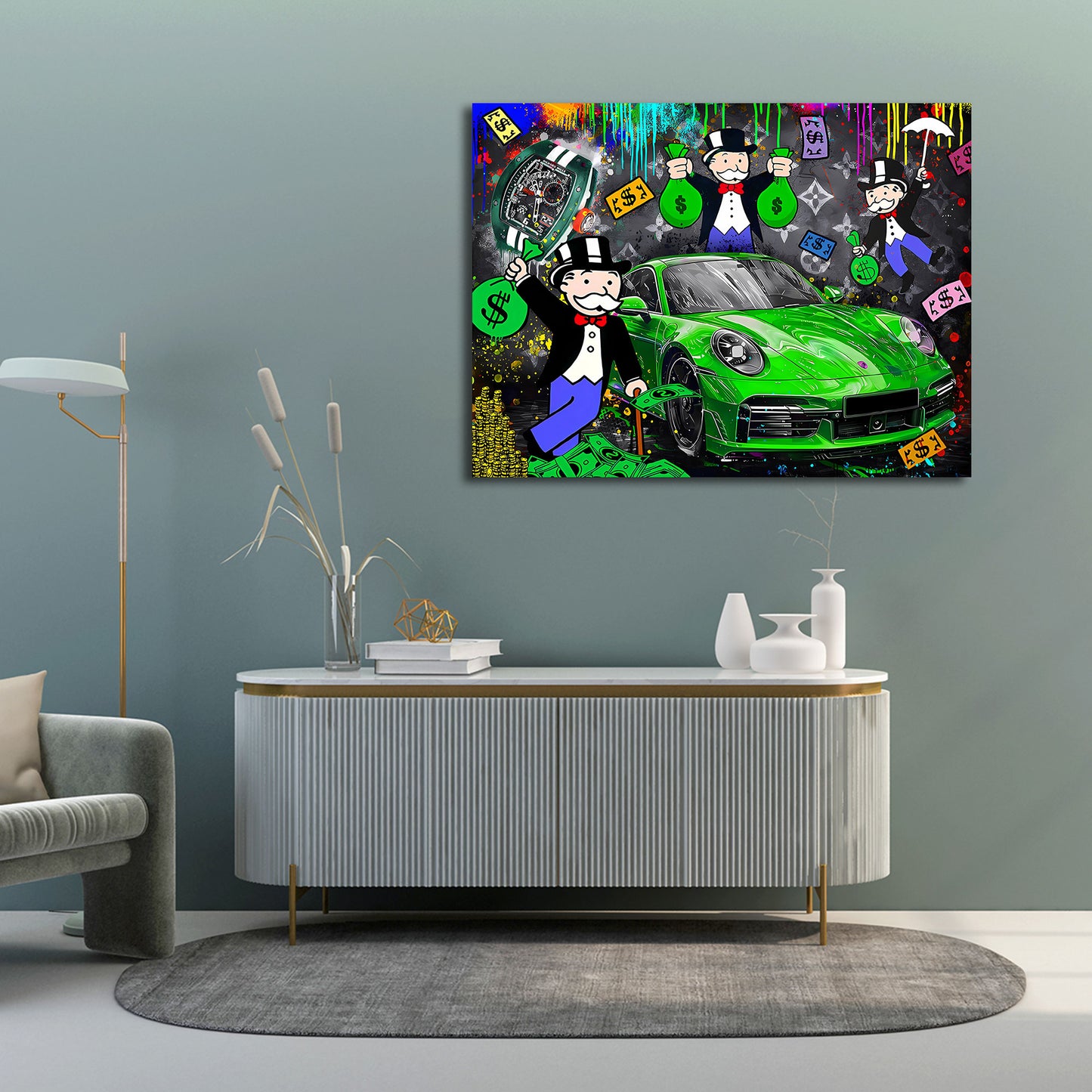 Grünes Luxusauto Geld und Erfolg Pop Art Wandbild
