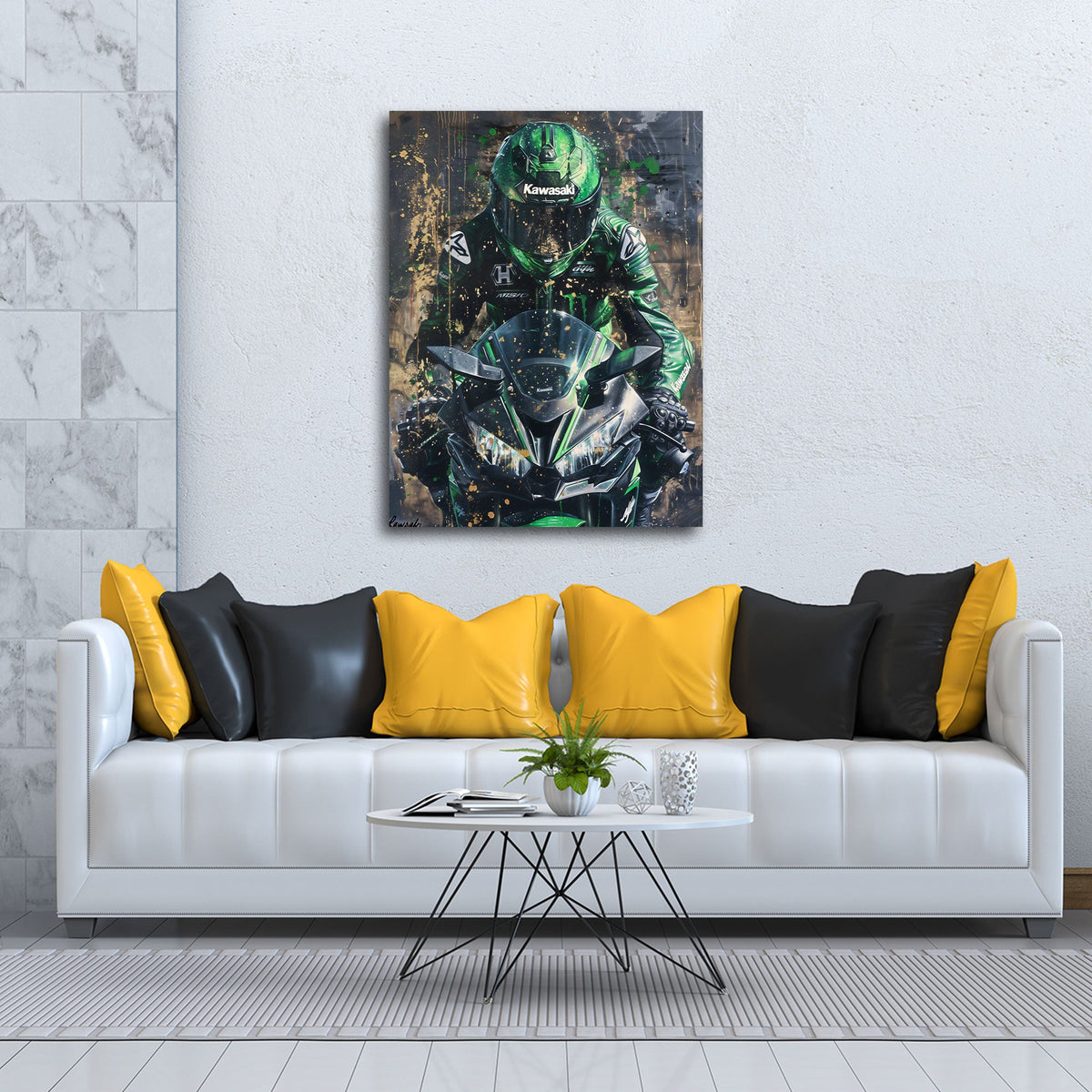 Rennfahrer in Grün auf schwarzem Motorrad Street Art Wandbild