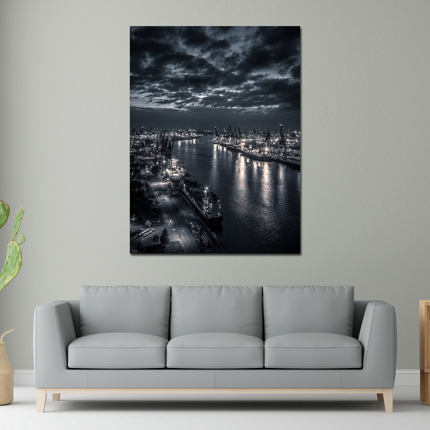 Hafen Hamburg schwarz weiß Containerkräne Elbe bei Nacht Wandbild