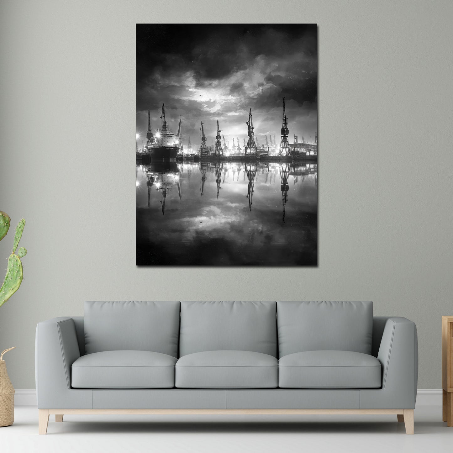 Hafen Kräne Hamburg schwarz weiß Spiegelung Nachtstimmung Wandbild