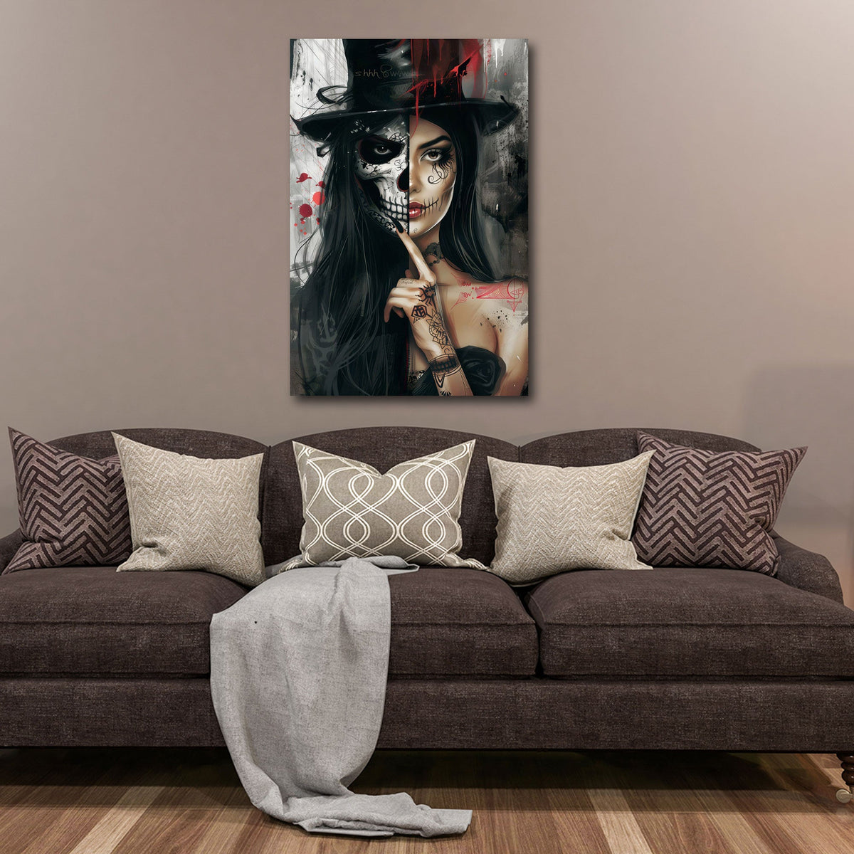 Halb Totenkopf halb Frau mit Zylinder Gothic Look Wandbild