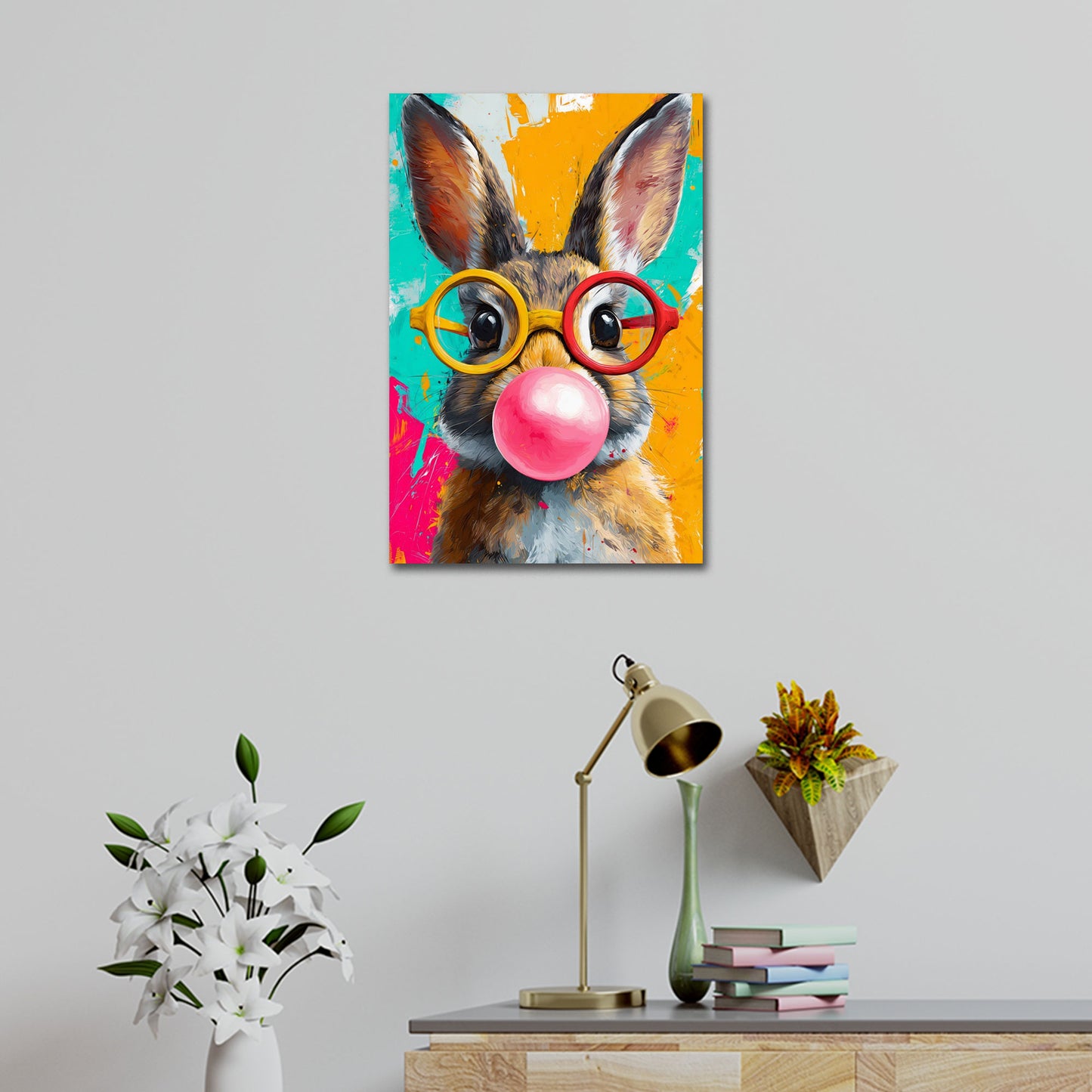Hase mit Brille und Kaugummi Pop Art Wandbild