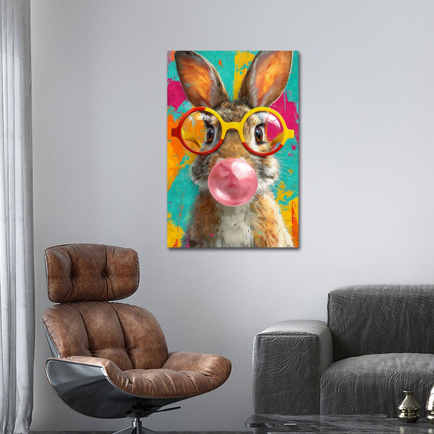 Hase mit runder Brille und Kaugummi Pop Art Wandbild