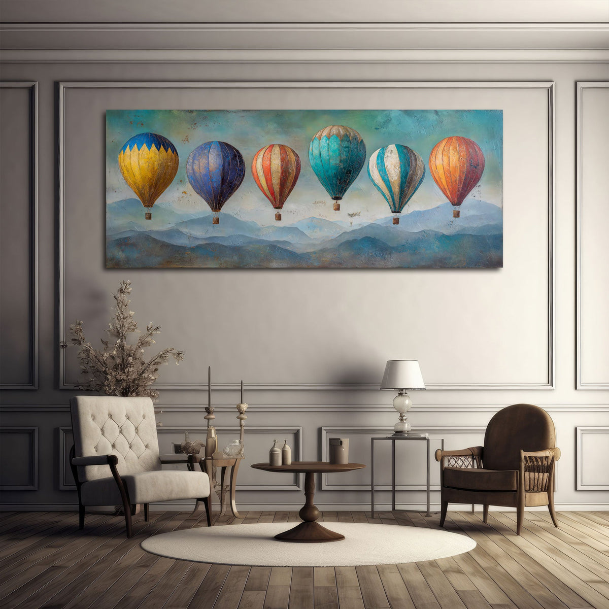 Schmales Panorama Wandbild mit Ballons an einer Wohnraumwand