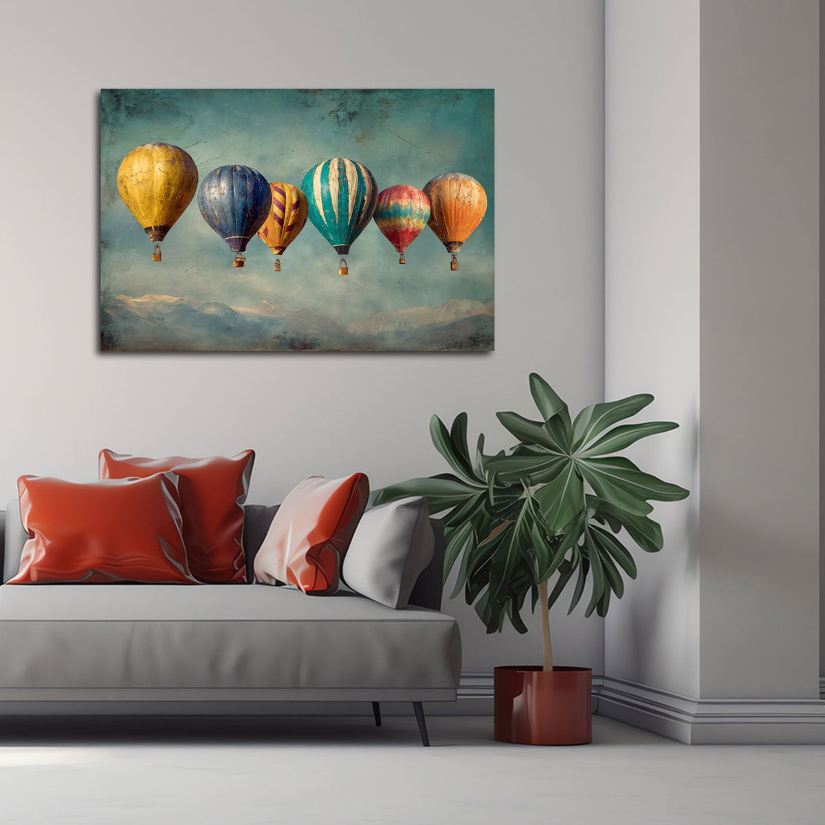 Heißluftballon Wandbild über einem Sofa im Wohnraum