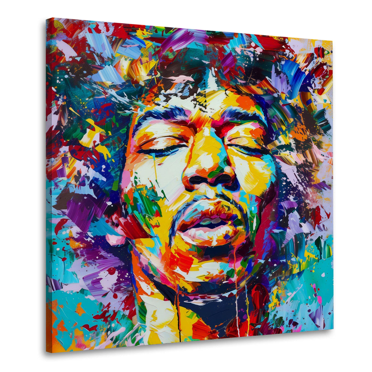 Hendrix mit geschlossenen Augen farbenfrohes Wandbild quadratisch
