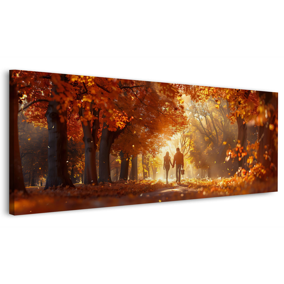 Herbstallee im goldenen Licht mit Paar Panorama Wandbild