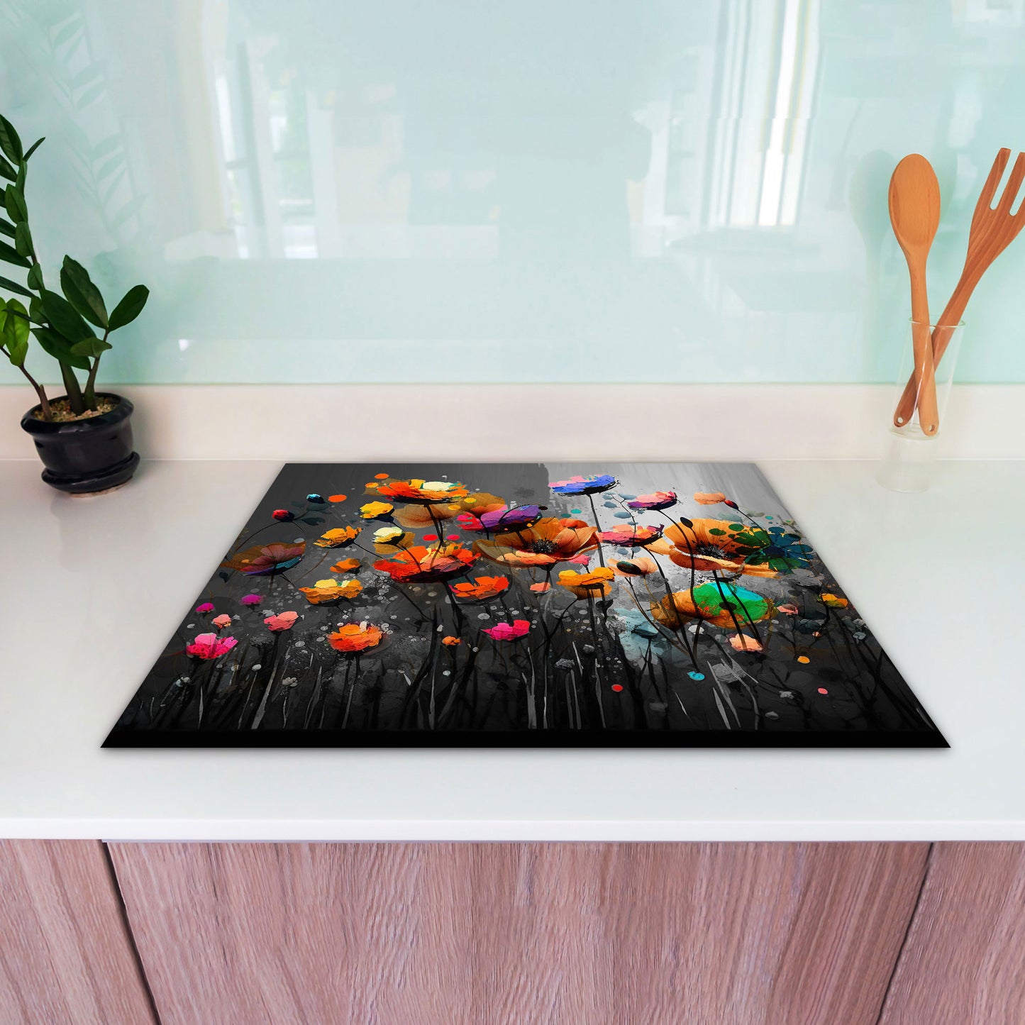 Abstrakt Blumen Colour Vinyl Herdabdeckplatte Induktionsschutz für Ceranfeld & Küche Deko