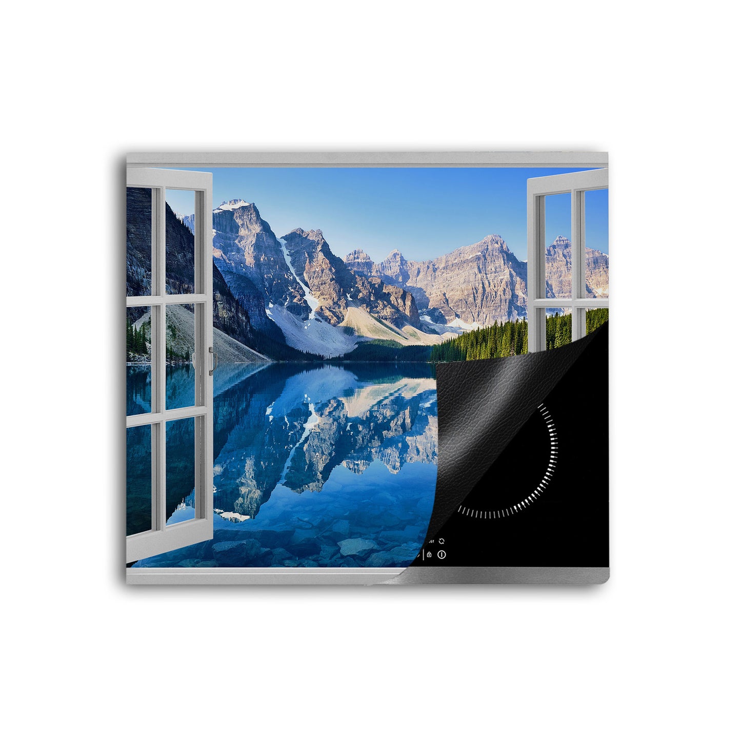 Fensterblick auf Bergsee Vinyl Herdabdeckplatte Induktionsschutz für Ceranfeld & Küche Deko