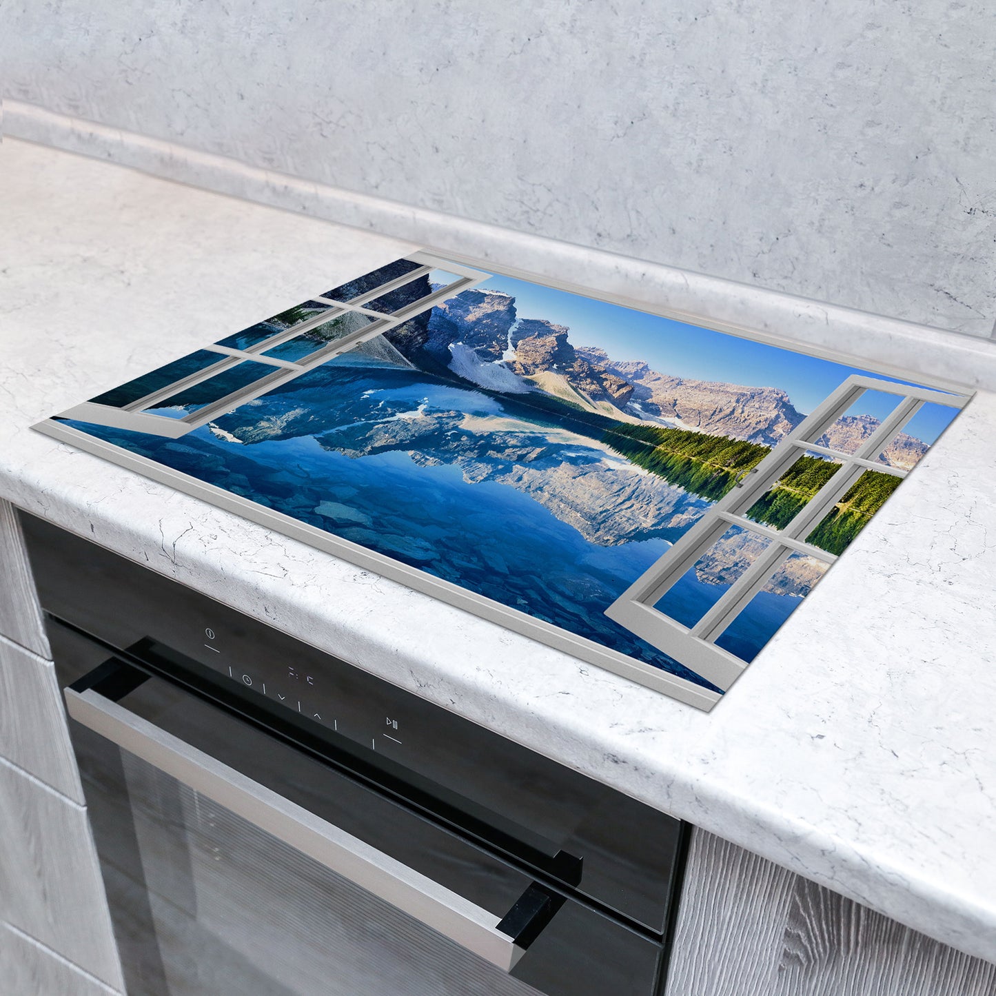 Fensterblick auf Bergsee Vinyl Herdabdeckplatte Induktionsschutz für Ceranfeld & Küche Deko