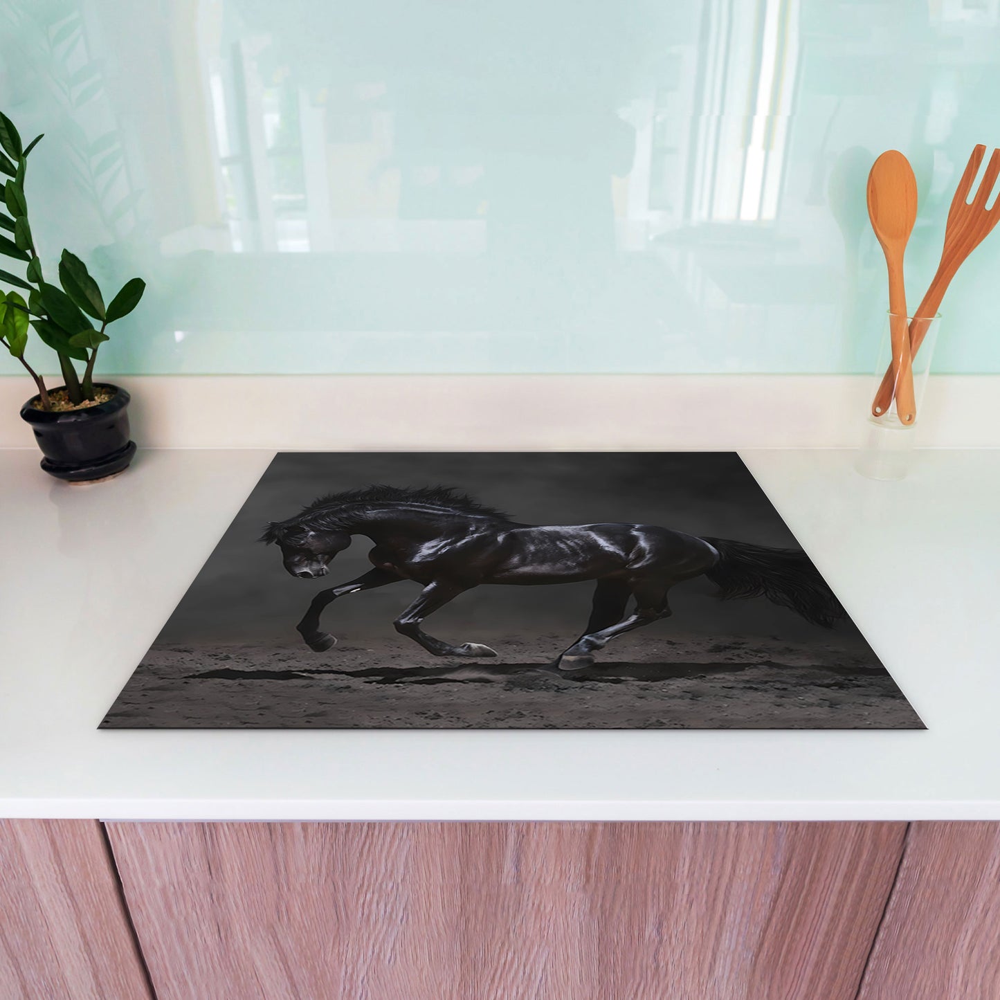 Pferd Black Style Vinyl Herdabdeckplatte Induktionsschutz für Ceranfeld & Küche Deko