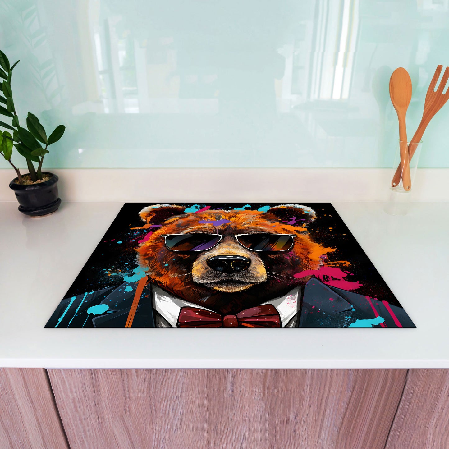 Pop Art Bär im Anzug Vinyl Herdabdeckplatte Induktionsschutz für Ceranfeld & Küche Deko