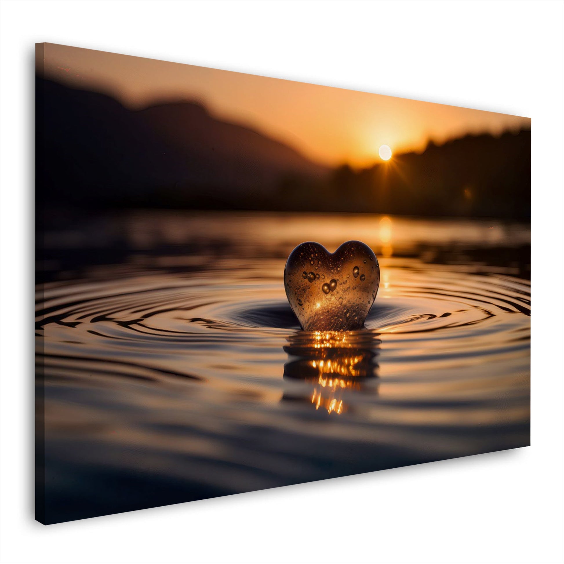 Herz aus Glas im Wasser goldenem Sonnenuntergang Wandbild