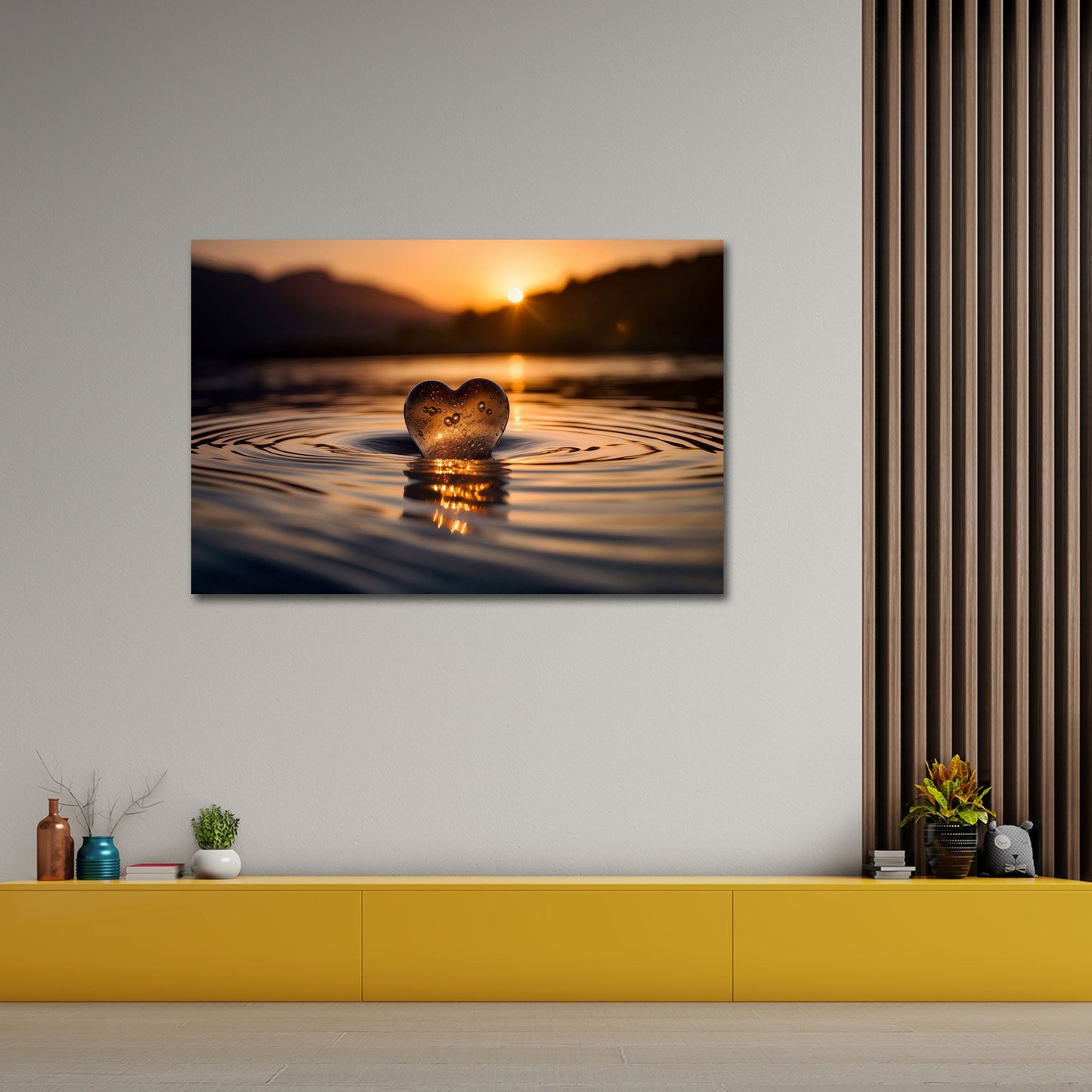 Herz aus Glas im Wasser goldenem Sonnenuntergang Wandbild