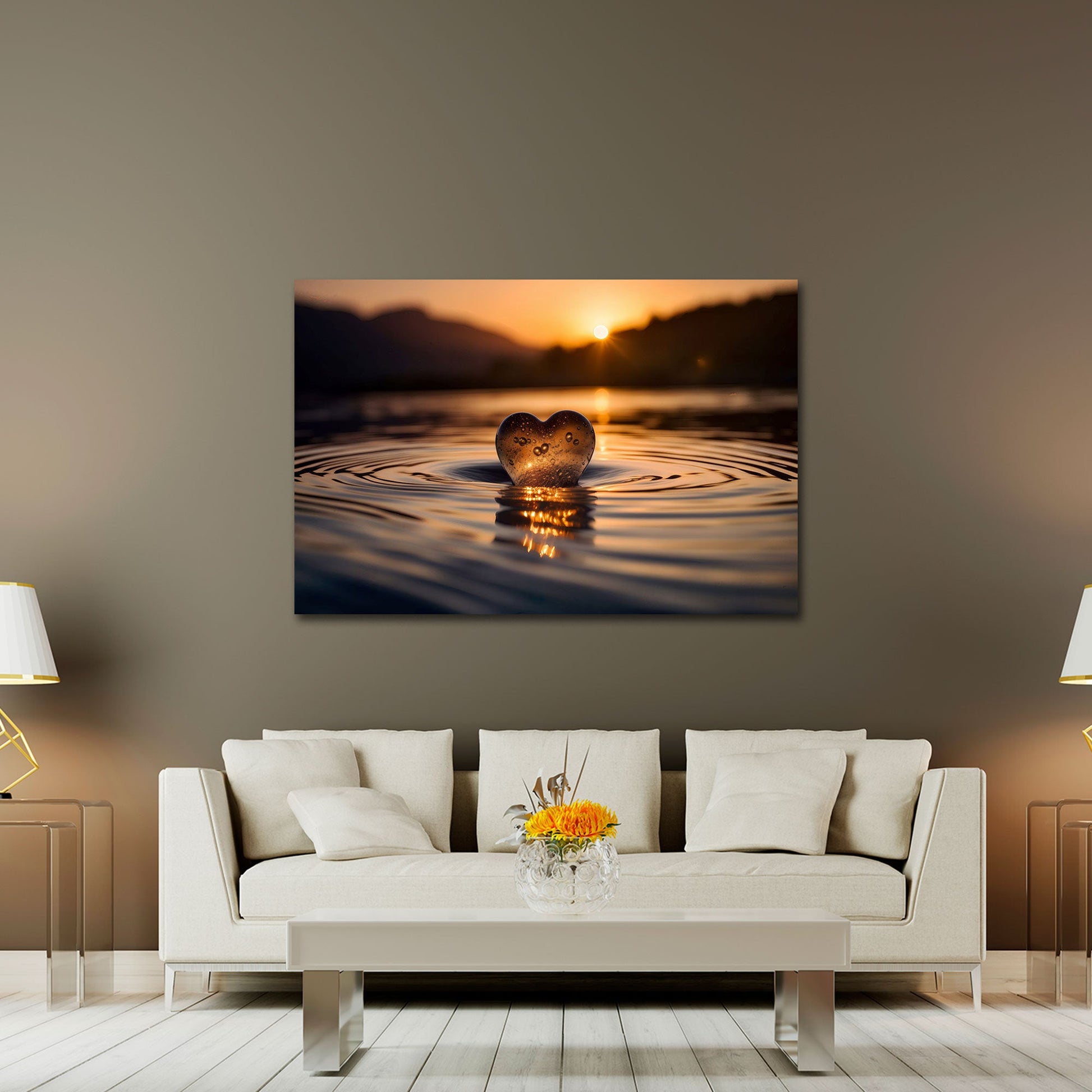 Herz aus Glas im Wasser goldenem Sonnenuntergang Wandbild
